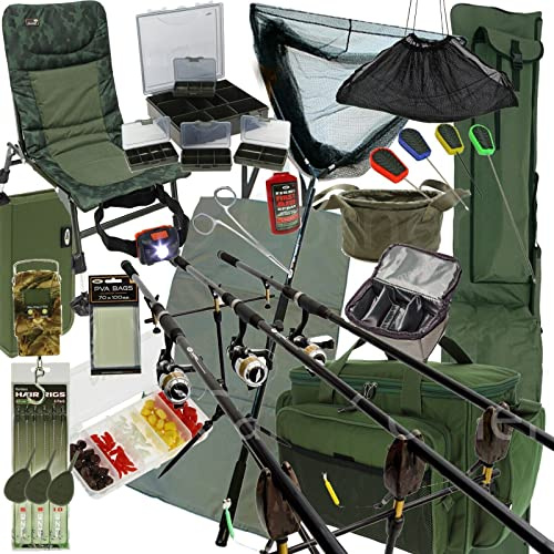 Deluxe Carp Fishing Setup Rods Reels Foldable Camo Chair Holdall Bags Unhooking Mat Landing Net Tackle Box Weighing Scales