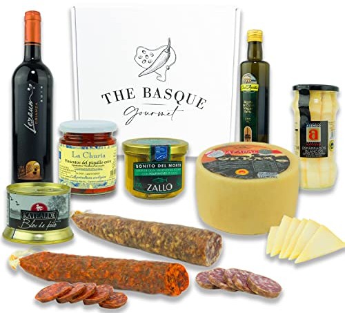 THE BASQUE Gourmet-Geschenkset - Urlaubs- und Weihnachts-Geschenkkorb mit Wein, Käse, Spargel, Extra natives Olivenöl, Piquillo-Paprika, Foie Pate, Chorizo, Wurst – Deluxe Geschenkbox