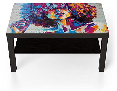 DEQORI Glastisch | schwarz groß 90x50 cm | Motiv Bunter Lockenkopf | ausgefallener Beistelltisch aus Glas | Hochglanz Couchtisch fürs Wohnzimmer | moderner Couch Tisch mit Design