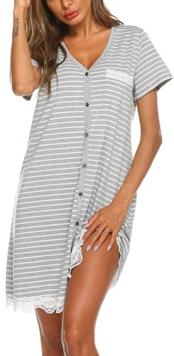 Ekouaer Chemise de Nuit Femme Ete Tee Shirt Chemise de Nuit Femme Boutonnée Ouverture Devant, A-Rayé, S