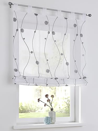 Nelly grau Raffrollo mit Schlaufen modern Bestickt Raffgardine halbtransparent, Polyester, pflegeleicht, B x H 120 x 140 cm