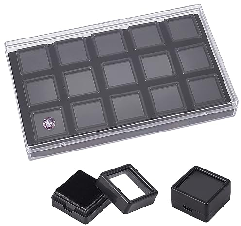 BENECREAT 15 Pack Edelstein-Display-Box, Schwarze Acryl-Diamant-Vitrine, 2.9x1.75cm Schmuckschatulle Mit Klarglasfenster Für Edelsteine, Münzen, Raute, Geschenkverpackung