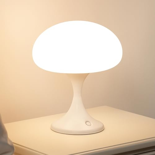 MAGCHARM Tischlampe Kabellos Pilzlampe, LED Akku Tischlampe Aufladbar mit 5W LED-Perlen, glas-Lampenschirm, 3-fach Dimmbare Touch Nachttischlampe Schlafzimmer, Kleine Retro Mushroom Table Lampe Weiss