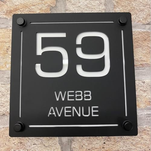 One of a Kind UK Personalised House Sign Custom Door Number Plaque for Outside with Street Name 180x180mm UV Stable Weatherproof Acrylic 7 Colour Options Modern Floating Design – Black