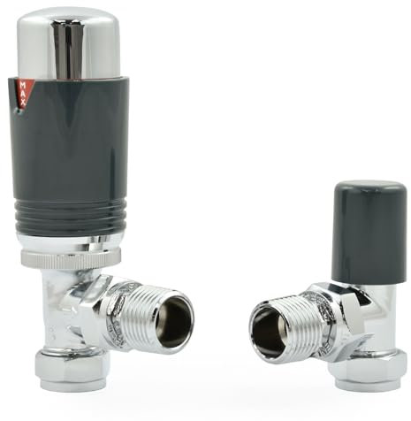 Hot Flow Chrome & Anthracite Estuary Angled TRV Thermostatic Radiator Valve (Pair) Includes Angled TRV Body, Wheel Head, Lock Shield. for Quick & Easy Temperature Control.