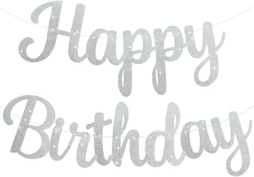 TONIFUL Silber Happy Birthday Banner KENO DIY 10Füße, Pre-Strung-Glitter Happy Birthday Zeichen, Happy Birthday Girlande, Happy Birthday Hintergrund, Happy Birthday Dekorationen für Frauen