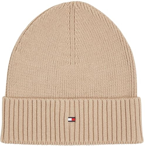 Tommy Hilfiger Herren Strickmütze Flag Cotton Beanie mit Kaschmir, Beige (Beige), Einheitsgröße