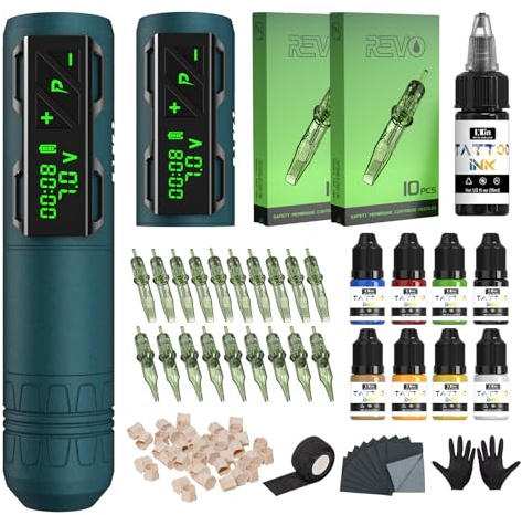 INKin Tattoo Gun Kit, Professional CL2 Wireless Tattoo Pen Machine Complete Set with Extra 1800mAH Battery Power Supply and Revo Cartridge Needles Assorted 9Pcs Ink Colors for Beginners and Artists