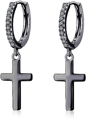CUOKA MIRACLE Schwarz Kreuz Ohrringe für Mädchen 925 Sterling Silber Kreuz Ohrringe Creolen Klein Ohrringe Kreolen für Damen Kreuz Ohrringe Geschenke Schmuck