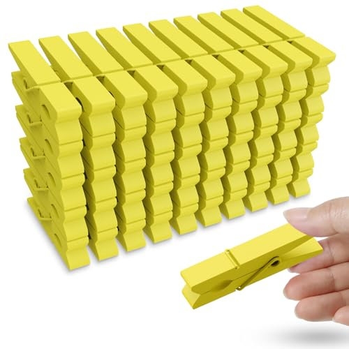 Lot de 50 pinces à linge en bois colorées, 7,4 cm, jaunes pour pinces à linge, photos, décoratives, petites épingles à linge colorées en bois