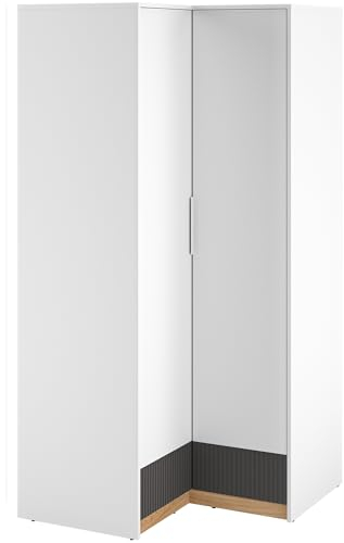 Marmex Torino 03 Eckkleiderschrank 96x196x96 Eckschrank mit Einlegeböden und Kleiderstangen, Jugend-Eckschrank, Wohnzimmer, Scharniere Soft-Close weiß/Castello/Graphit