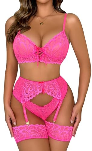 YCAngela Women's Lingerie Sets with Garter Belt Floral Lace Bra and Knicker Set 4 Pieces Lingerie Sexy Outfits Women UK Pink M.