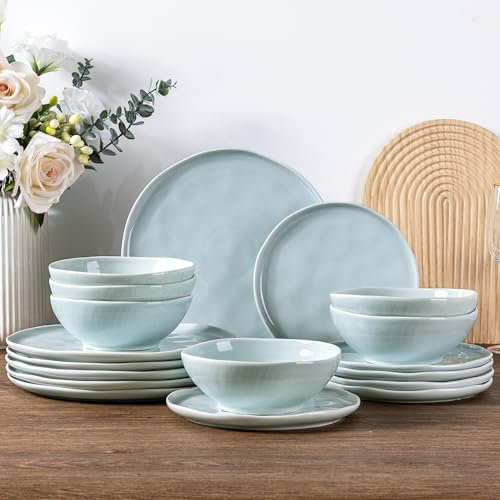 LeRatio Dinner Sets for 6 People, 18 Pieces Handcrafted Stoneware Plates and Bowls Set, Scratch Resistant Dinnerware Set, Oven, Dishwasher, Microwave Safe Crockery Set (Brook Green, Service for 6)