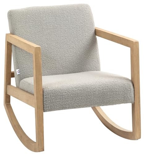 HOMCOM Schaukelstuhl gepolstert in Schafsfell mit Gummi Holzbeine und Armlehnen Schaukelstuhl für das Stillen Last 150 kg für Schlafzimmer Wohnzimmer Grau