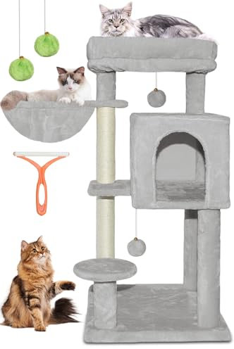 LEEJARD Kratzbaum, 95cm Hoch Katzenbaum mit Große Plattformen2 Sisalstämme, Höhle, Korb, Plüschbälle, Hängematte, Katzenbürsten und Kippschutz für 10 kg Katzen