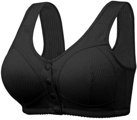 PrinStory Ribbed Cotton Bras For Women Front Fastening Wireless Snap Closing Comfort Ladies Bras For The Elderly (Black, 36B)