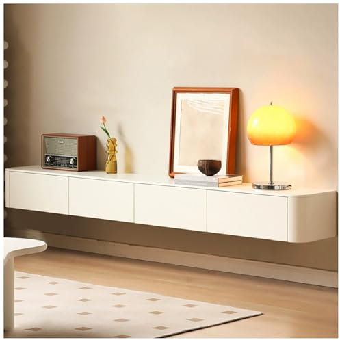 JUNFUNNLE Mueble de TV 240cm Blanco, Mesa TV Flotante, Mueble bajo para TV, con 2 Cajones 2 Puertas, Mueble de Salón, para Salón, Comedor,Dormitorio y Oficina