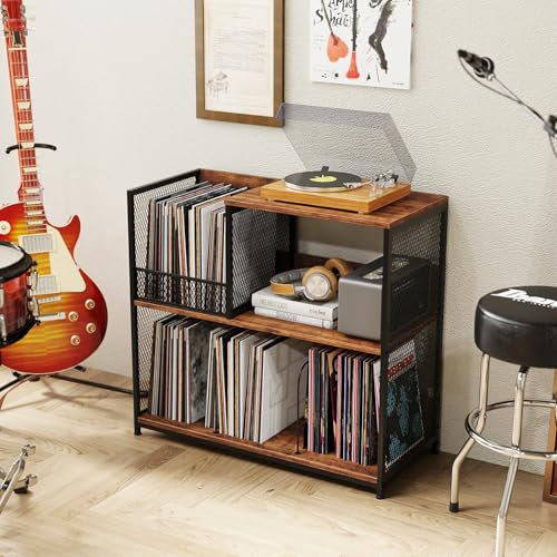 GOPLUS Meuble Platine Vinyle 3 Niveaux pour 300 Albums, Support de Tourne-disques avec3 Séparateurs Amovibles et Structure Métallique, Étagère Rangement pour Vinyles pour Salon, Studio