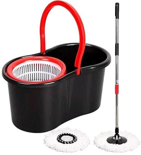 Spin Mop and Bucket Set – Microfibre 360° Flat Mop and Bucket with Wringer – Self-Wringing Spin Mop for Hard Floors, Wood & Tile – 2 Refill Pads – Stainless Steel Handle (Red & Black)