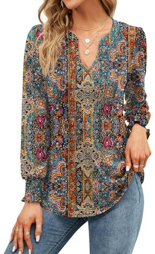EFFAN Womens Tops V Neck Long Sleeve Elegant Tunic Floaty Floral Printed The Holiday Shirt Party Ladies Blouse Boho L (UK 16-18)