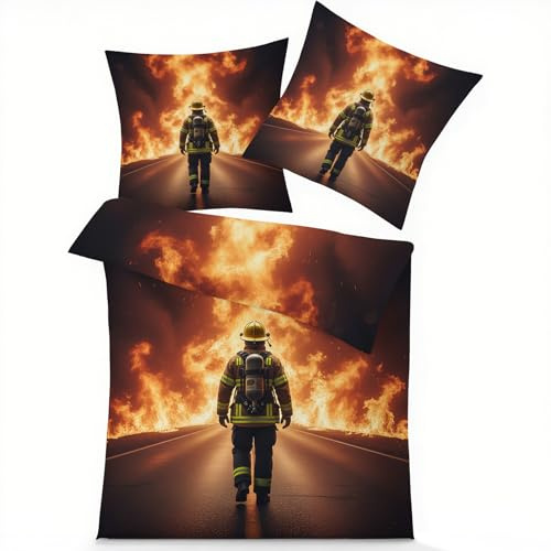 GEDAEUBA Feuerwehrmann Bettwäsche 135x200 - Kinder Bettbezug, Wendebettwäsche und Kissenbezug 80x80, Weiche & Angenehme Mikrofaser Bettwäsche-Sets mit Reißverschluss