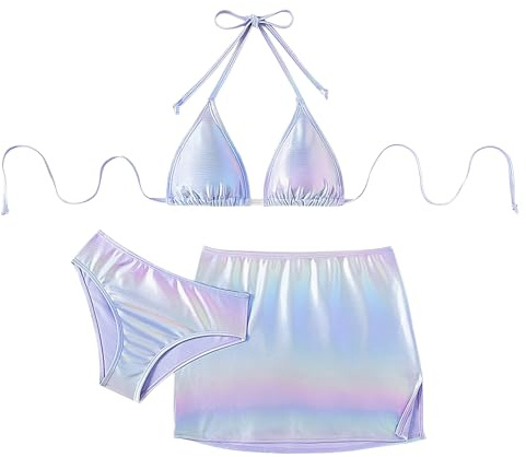 Happy Cherry Ragazze Costumi da Bagno Set Bikini Tre Pezzi Regolabili Triangolo Reggiseno Slip Gonna Costume Metallizzato Viola Swimwear per Bambina 14 Anni