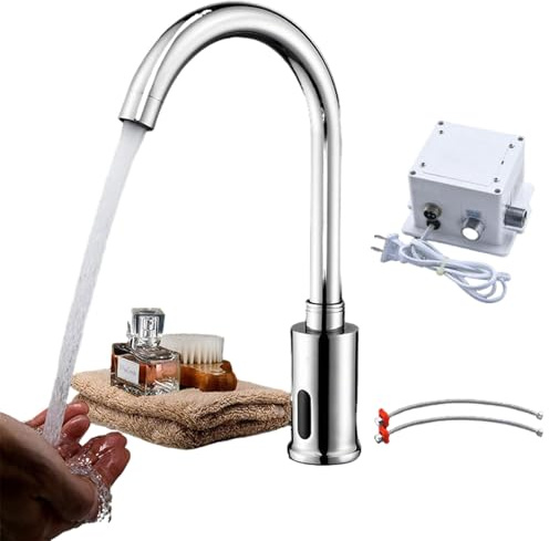 Robinet à Capteur Infrarouge Automatique Mitigeur Sans Contact Mains Libres Pour Lavabo de Salle de Bain Cuisine Restaurants Écoles, Laiton chromé antirouille, par Piles (eau froide)