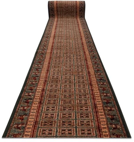 rugsx KASHQAI Läufer 4301/401 - Wollteppich - Teppich für Flur & Wohnzimmer - Orientalisch, Rahmen grün/terrakotta 67x650 cm