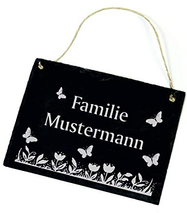 Schiefertafel Familie + Name Schild Schmetterlinge 22 x 16 cm