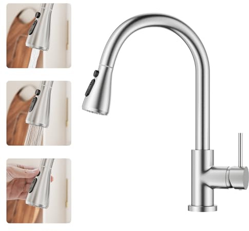 BESy Brass Single Handle Kitchen Tap with Pull Down Sprayer,Rv High-Arc Kitchen Sink Faucet with Pull Out Sprayer,Single Lever 3 Function Laundry Room Faucet,Brushed Nickel (1 or 3 Hole)