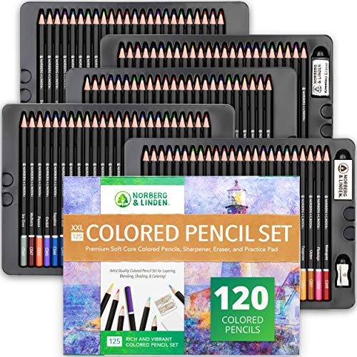 Norberg & Linden XXL-Buntstift-Set 120 Farbstifte, Zeichenblock, 2 Radiergummi, 2 Spitzer | Weiche Mine zum Schraffieren und Mischen von Farben | Komplettset für Profikünstler und Anfänger