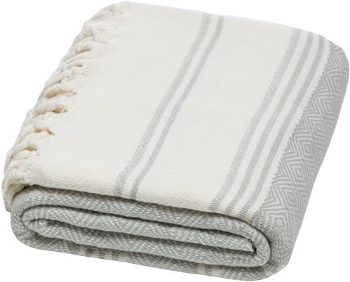 DEMMEX Strandtuch, Badetuch, 100% zertifizierte türkische Bio-Baumwolle, Pestemal, Hamamtuch, Saunatuch, Stranddecke, übergroß schnell trocknend sandfrei kompakt – vorgewaschen, 180x90cm, Grau