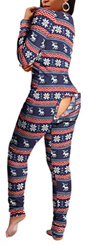 ORANDESIGNE Pyjama Une pièce pour Femmes à Manches Longues Sexy Combinaison Fonctionnelle à Rabat boutonné, Pyjama boutonné pour Adultes Barboteuses vêtements de Nuit Jumpsuit 09 Bleu Foncé S