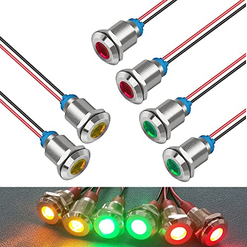 GUUZI 6pcs 12V-24V 12mm LED Panel Pilot Dash Warnlicht Kontrollleuchte Lampe Pilot Dash Glühbirnen Richtungs (Rot/Gelb/Grün)