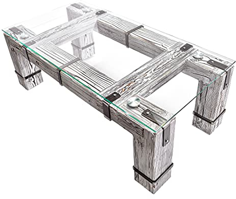 CHYRKA® Mesa de café LDW (120x60 cm, A=30 cm, Blanco) DROHOBYCZ Madera Maciza, Metal, Cristal