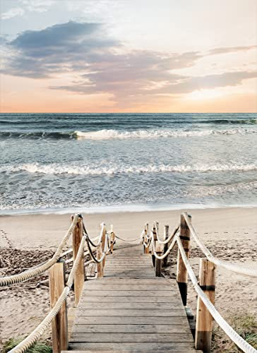 STYLER Glasbild Jetty 50 x 70 cm | Wellen Strand Meer Strandmotiv hell Meermotiv Sand Blau Steg | Glas Bild Wandbild | Wohnzimmer Schlafzimmer groß modern Küche