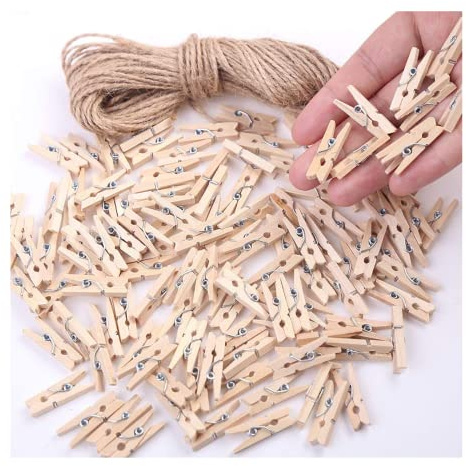 LOTIMOYIA Mini Clothes Pins 200 Pcs - 1 Wooden Clothespins with 11FT Jute Twine,Small Clothes Pins for Photos, Crafts, Home Decor & Art Projects, Reusable Multi-Purpose Clothespins for DIY Projects