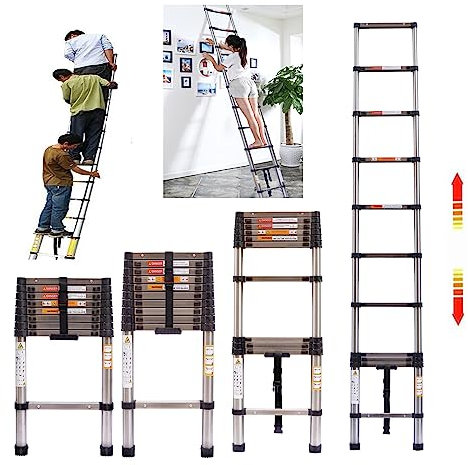 3.2M Telescopic Ladder Extension Ladder Stainless Steel Ladders Max Load 330lbs, Multi Purpose Loft Ladder with Anti-Slip Foot for Household Decorating, Painting