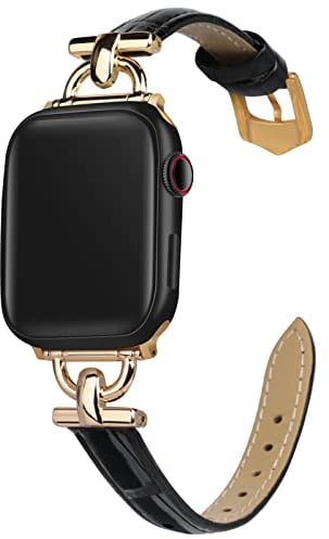 mxiixnai Leather Strap Compatible with Apple Watch Straps 44mm 45mm 49mm 46mm 42mm Women, Slim Thin Leather Replacement Strap for iWatch Bands Series 10 9 8 7 6 5 4 3 2 1 SE Ultra 2,Black/Gold
