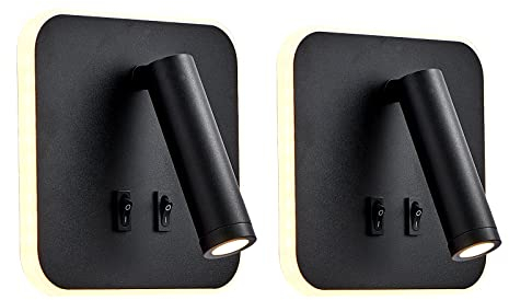 uksunvi Applique LED, applique de lecture de chevet, liseuses murales LED 12W, spot orientable (3W + 9W 3000K lumière chaude) (Noir carré 2PCS)