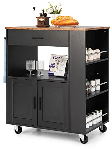 COSTWAY Desserte de Cuisine sur roulettes (2 Verrouillables), îlot de Cuisine avec 3 Support à Épices, Chariot de Service Armoire 1 Tiroir Étagère Ouverte, 50 x 82 x 92 cm, Noir