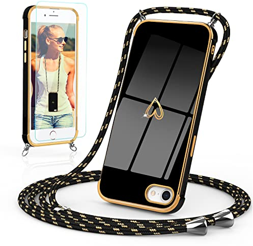 Togestar Handykette Hülle für iPhone 7/8/SE 2020/SE 2022 Handyhülle mit Band und Schutzfolie, Kameraschutz Herz Love Design 360 Grad Stoßfeste Schutzhülle Silikon TPU mit Kordel zum Umhängen, Schwarz