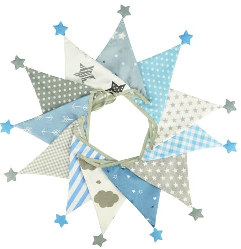 G2PLUS Fabric Bunting Banner with Stars, 4M Blue and Grey Cotton Nursery Banner with 12 Triangle Pennants, Double Sided Garlands Shabby Chic Decoration for Bedroom Playhouse Birthday Decoration