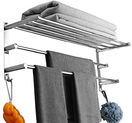 Barres porte-serviettes murales réglables en acier inoxydable – Porte-serviettes à 3 niveaux avec crochets, 43–78 cm, pour cuisine et salle de bain