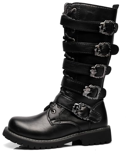 Stivali da Moto Punk Rock da Uomo Stivali a metà Polpaccio con Fibbia in Metallo retrò Stivali Militari Stringati Stringati in Morbida Pelle Sintetica Suola Resistente,Nero,39 EU