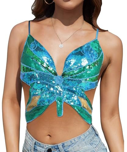 Meanju Damen Bauchfreies Top mit Pailletten und Schmetterlingen,Sexy Tank Neckholder Bandage Tops,Metallic Glitzer Bikini BH Top,Party Oberteile Ärmellos,für Karneval Party,Frauen und Mädchen
