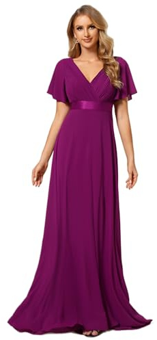 Ever-Pretty A-línea Vestido de Fiesta Cuello en V Manga Corta Gasa Corte Imperio para Mujer 09890