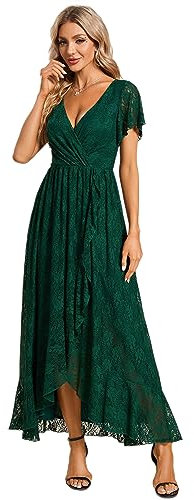 Ever-Pretty Robe Mère de Mariage Longue Dentelle High Low Manches Fluides Col V Femmes Robes de Soirée Vert Foncé 36