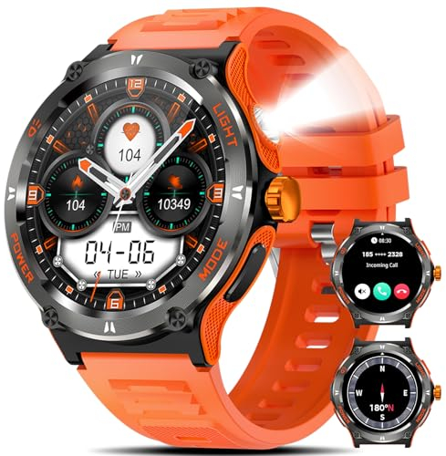 2024 Reloj Inteligente Hombre, 1.53 Smartwatch con Linterna, Brújula, Llamadas, 24/7 Pulsómetro SpO2, Monitor de Sueño, Podómetro, 500 mAh, 3ATM Impermeable Reloj para Android iOS (Naranja)