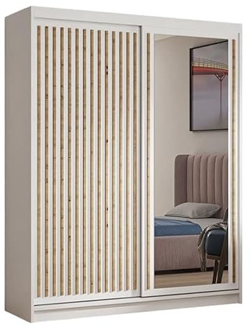 Kleiderschrank DART mit Lamellen und Spiegel inklusive 2 Schiebetüren Schwebetürenschrank ((weiß, weiß, Lamelle artisan), 180 cm)